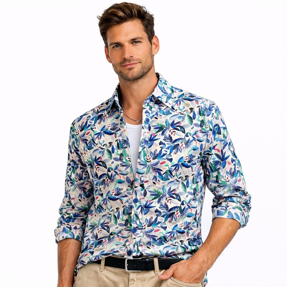 Bertigo Men's Shirt Large L Blue Geometric Floral Luxury Cotton‎ Long Sleeve